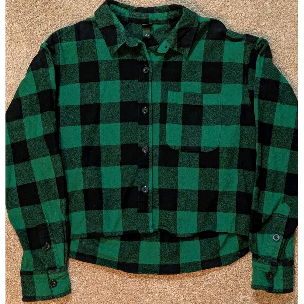 Wild Fable Target Green Black Plaid Crop Flannel Button Up Top Shirt Sz M